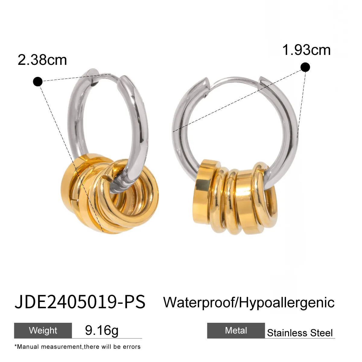 Stainless steel electroplated personality earrings in two colour variations for unisex wear