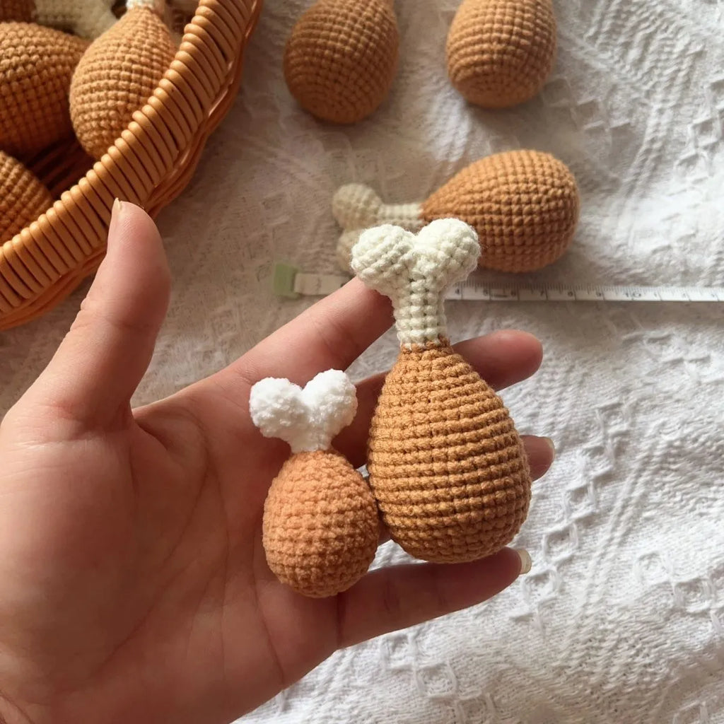 Handmade crocheted chicken leg pendant key chain with colourful yarn detailing