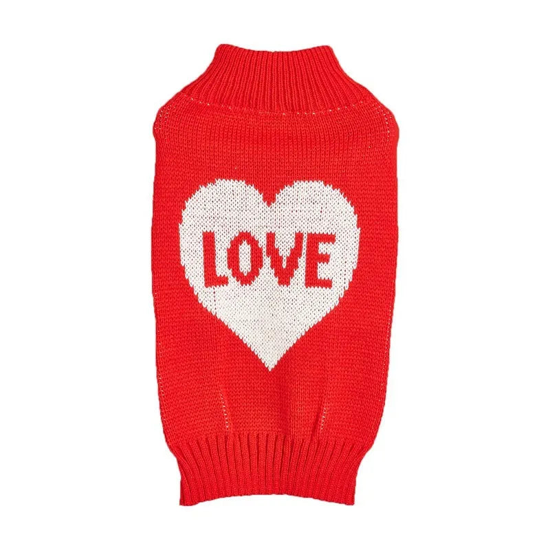 Acrylic dog sweater with decorative bow and love heart designs in red and pink colour options