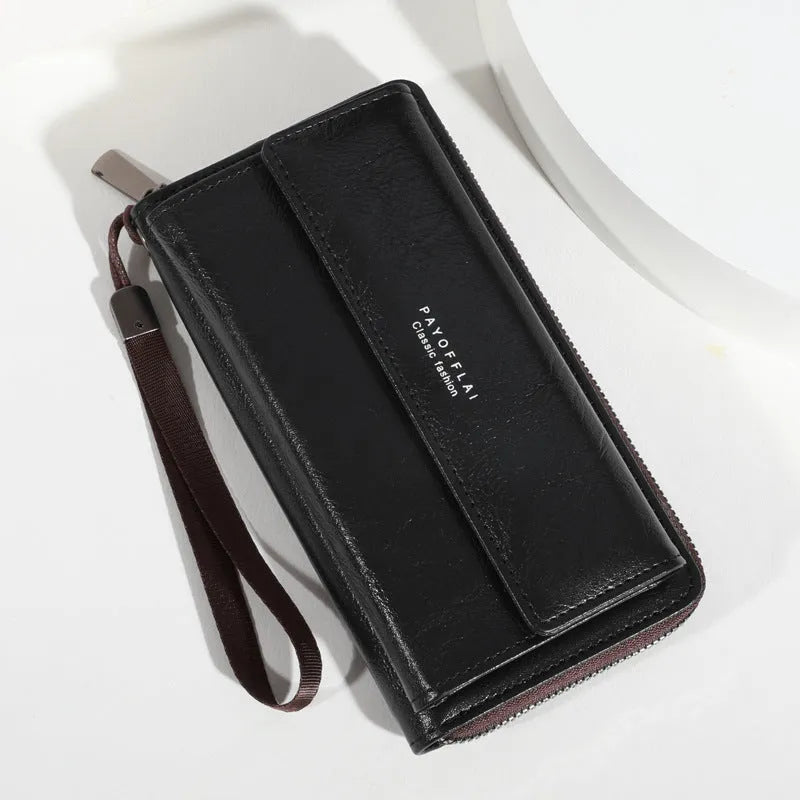 Men's black PU leather wallet with multiple card slots, shown open to display interior.