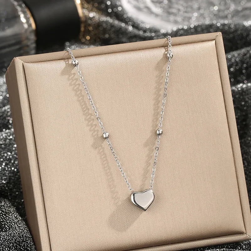 Love titanium steel necklace for women, ball bead chain, electroplated silver finish, geometric pendant