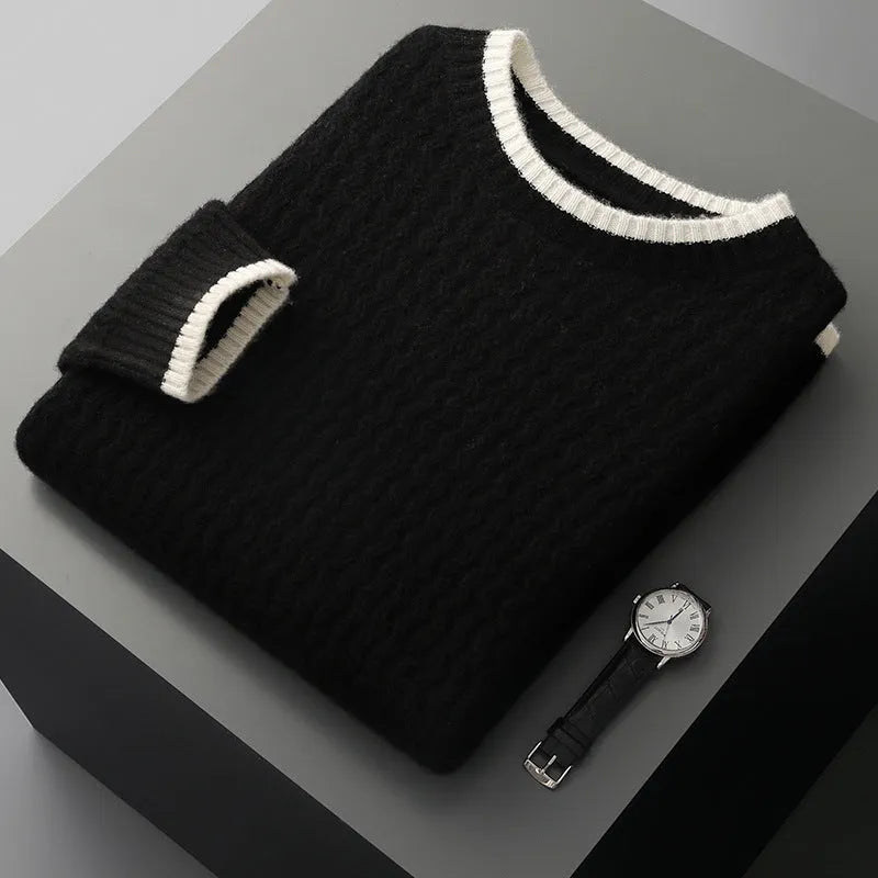 Men's round neck twisted design colour matching sweater in wool, casual loose fit, black colour