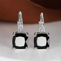 Square geometric ear hooks with round zircon inlays in gold, platinum, or rose gold finish