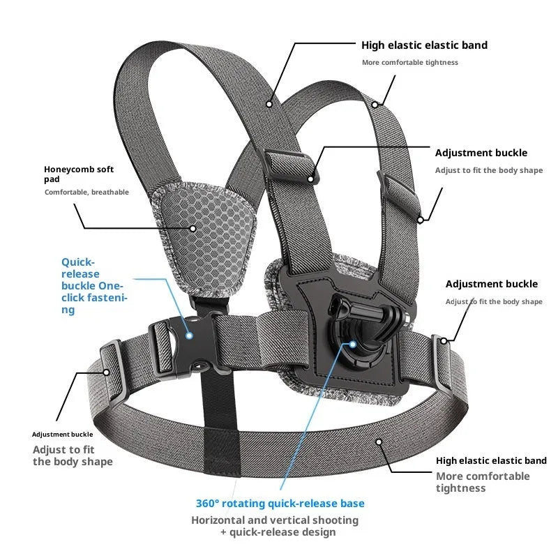Chest mount with dual-camera setup for action camera and phone, including curved extension rod and anti-shake rope