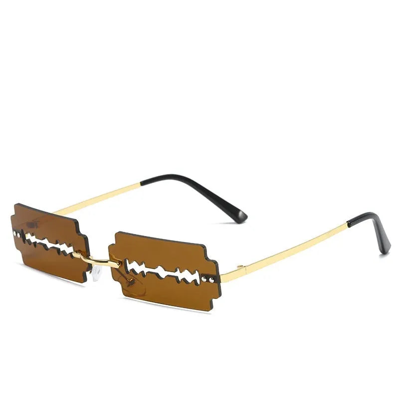 Gold metal rimless sunglasses with UV400 PC lens on a white background