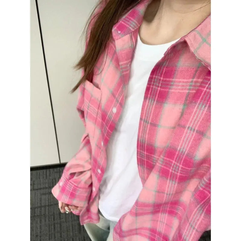 Loose casual sun-proof plaid shirt for women in pink plaid, long sleeve cardigan style, polyester