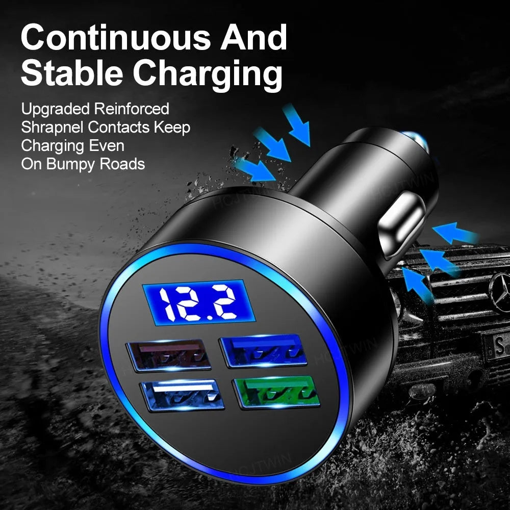 Black four-port USB car charger with cigarette lighter plug for vehicle power socket