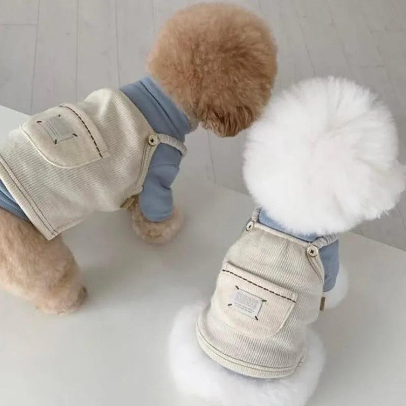 Brown corduroy pet vest with wool Sherpa collar on a small dog, halter design for easy wear