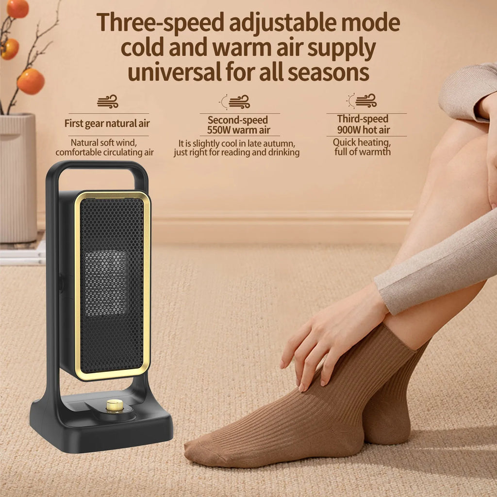 Black PTC ceramic desktop air heater with control knob on a flat surface.