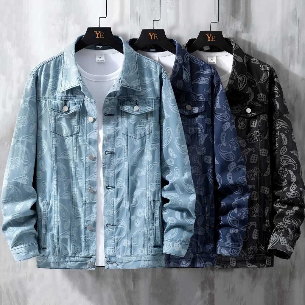 A slim fit men's denim coat in street fashion style, shown in a light blue colour with patch pockets.