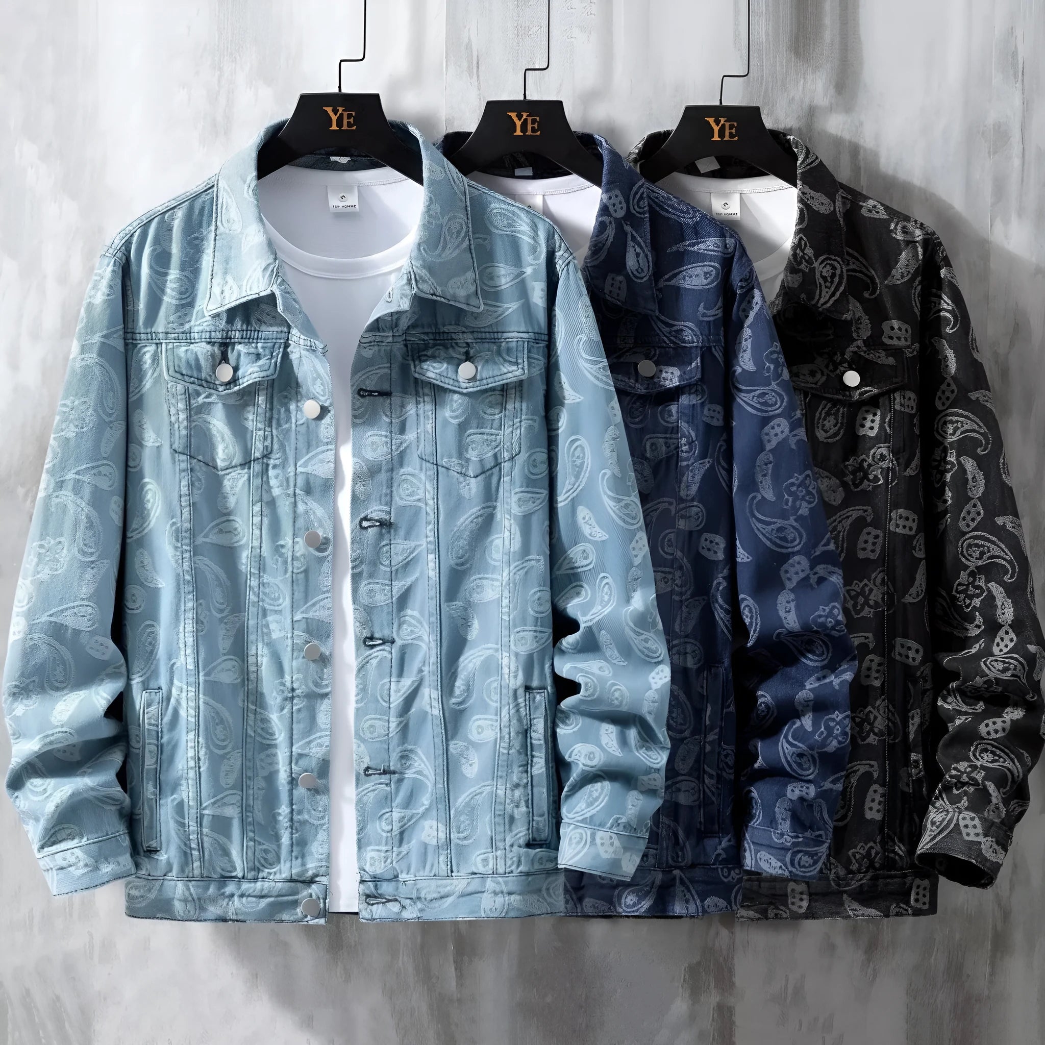 A slim fit men's denim coat in street fashion style, shown in a light blue colour with patch pockets.