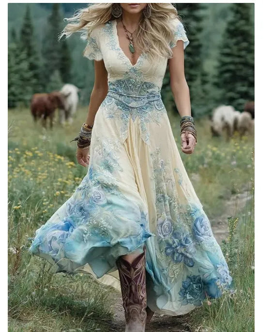 Women's loose deep V-neck dress with creative pattern totem design in artistic retro style