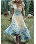 Women's loose deep V-neck dress with creative pattern totem design in artistic retro style