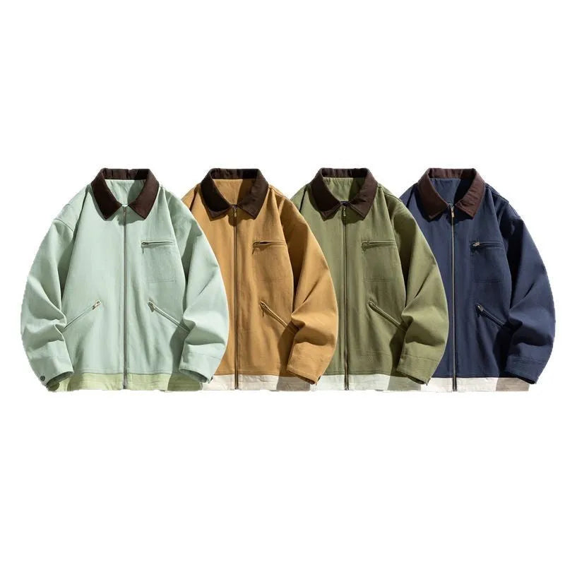 Korean style loose men's jacket with contrast lapels and side pockets in olive green.