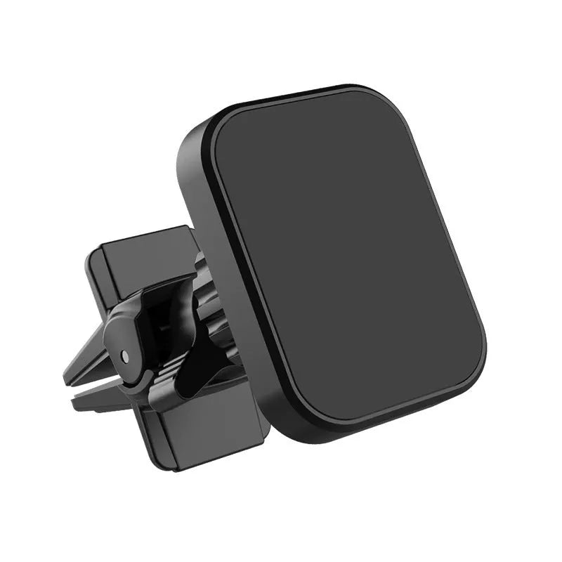 Black magnetic car phone holder mounted on air conditioning vent with round head baffle design