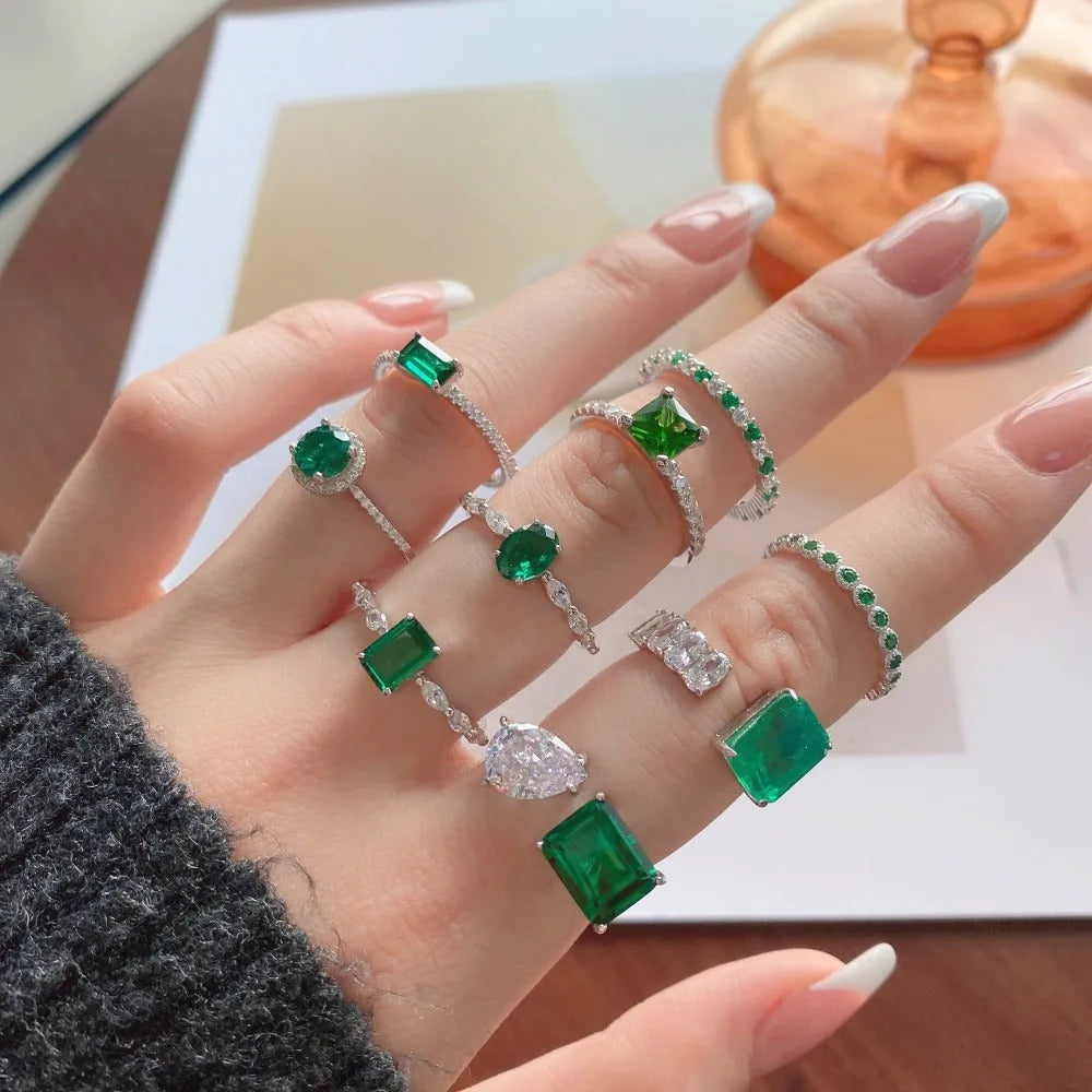 S925 sterling silver emerald zircon ring for women with adjustable open band and geometric round, oval and square grain design