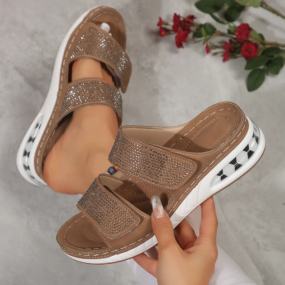 Women's air cushion wedge rhinestone slides sandals in beige, non-slip polyurethane sole, fish mouth toe, PU upper