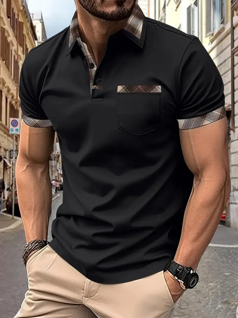 Men's colourblock plaid t-shirt with short sleeves and zipper decoration detail