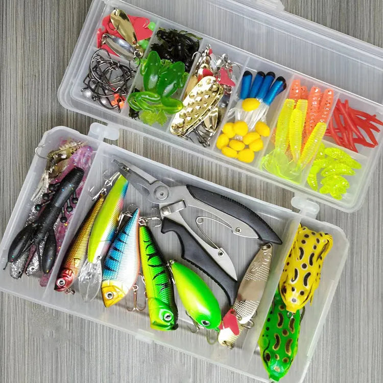 142-piece fishing lure set with metal pliers, hard minnow lures, and sequins in assorted colours