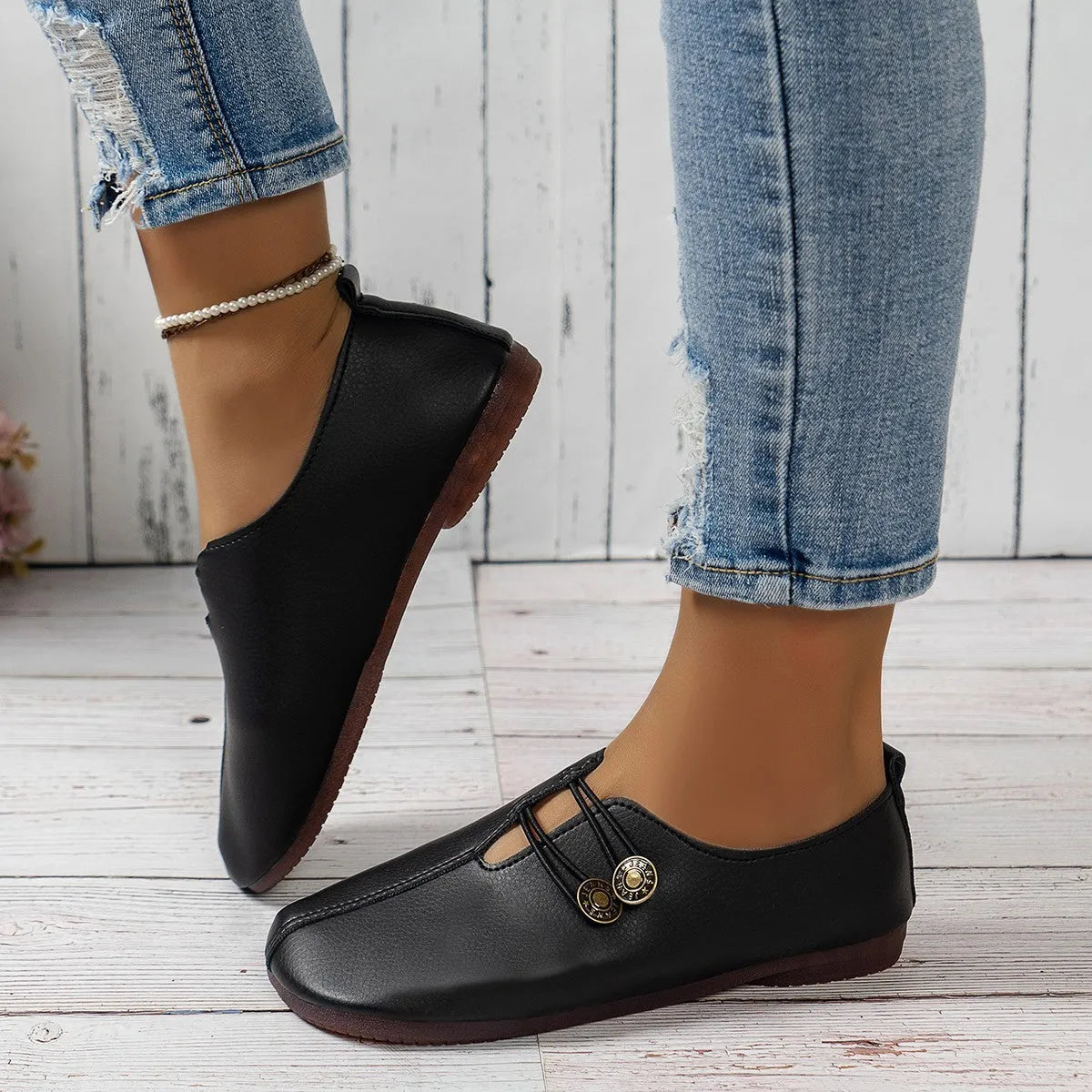 Women's casual square toe flats slip-on button loafers in beige, black, wine red, sizes 36-43