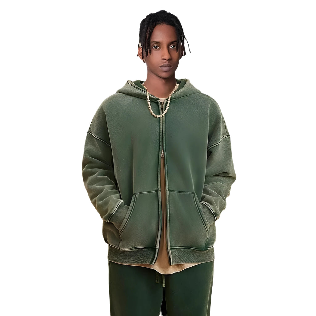 Men's washed cotton hooded cardigan sweater with fleece lining and a double zip front.