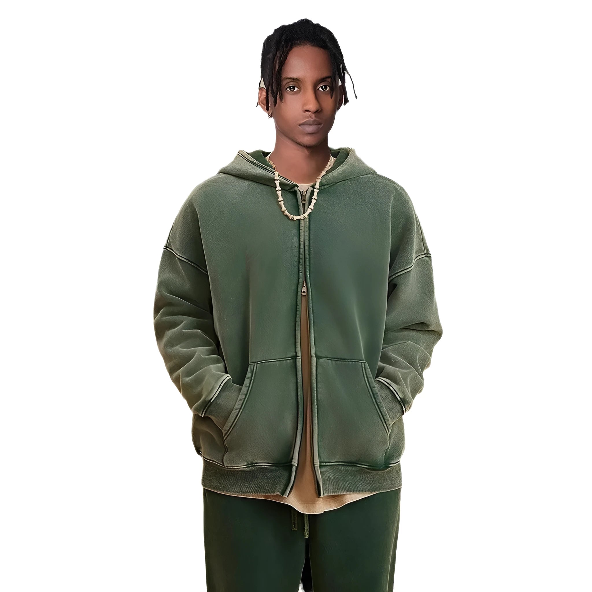 Men's washed cotton hooded cardigan sweater with fleece lining and a double zip front.