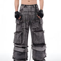 Grey denim distressed overalls with rope stitching and mop pants design