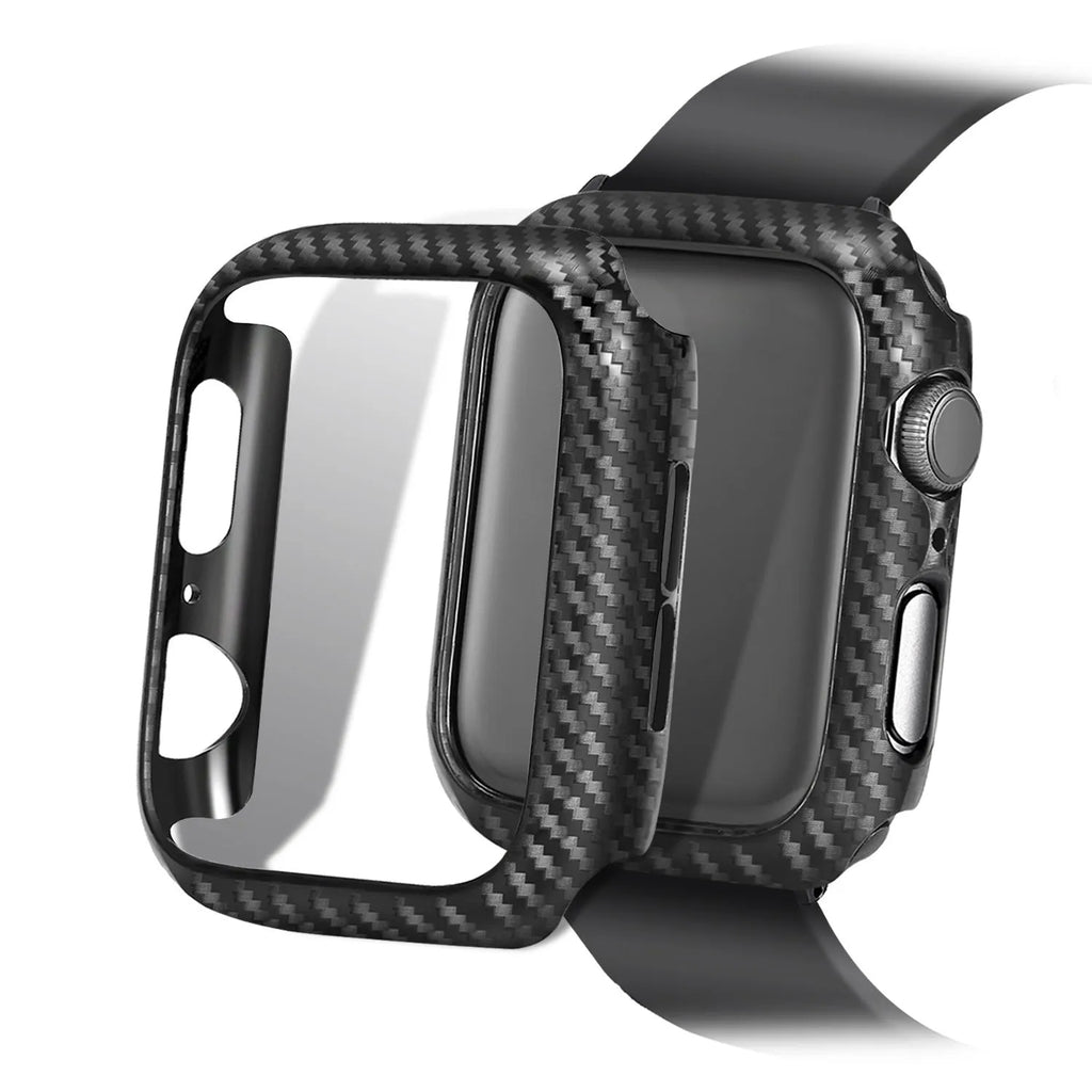 Carbon fibre pattern PC hard shell watch case with leather band in multiple colour options for iPhone compatible watches