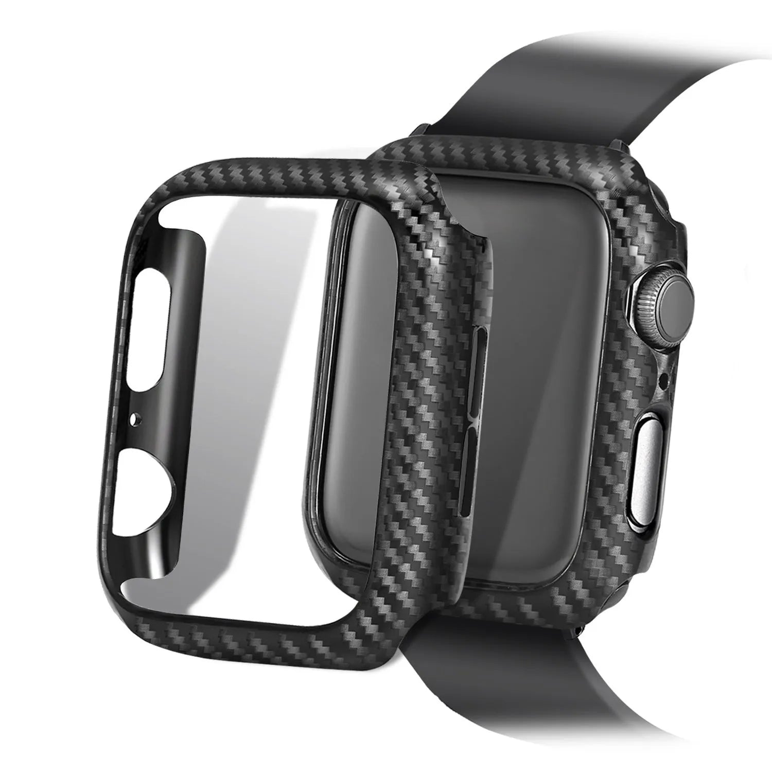 Carbon fibre pattern PC hard shell watch case with leather band in multiple colour options for iPhone compatible watches