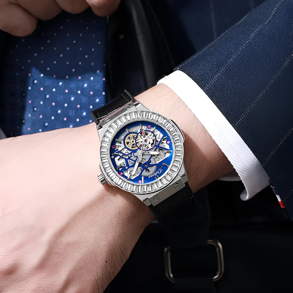 Automatic men's watch with diamond studded hollow dial in a white case.