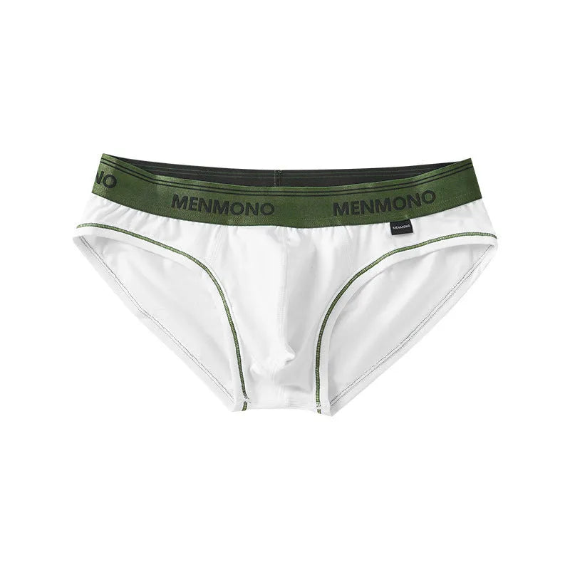 Men's low waist cotton briefs showing two-tone colour combinations including black/blue and white/red options