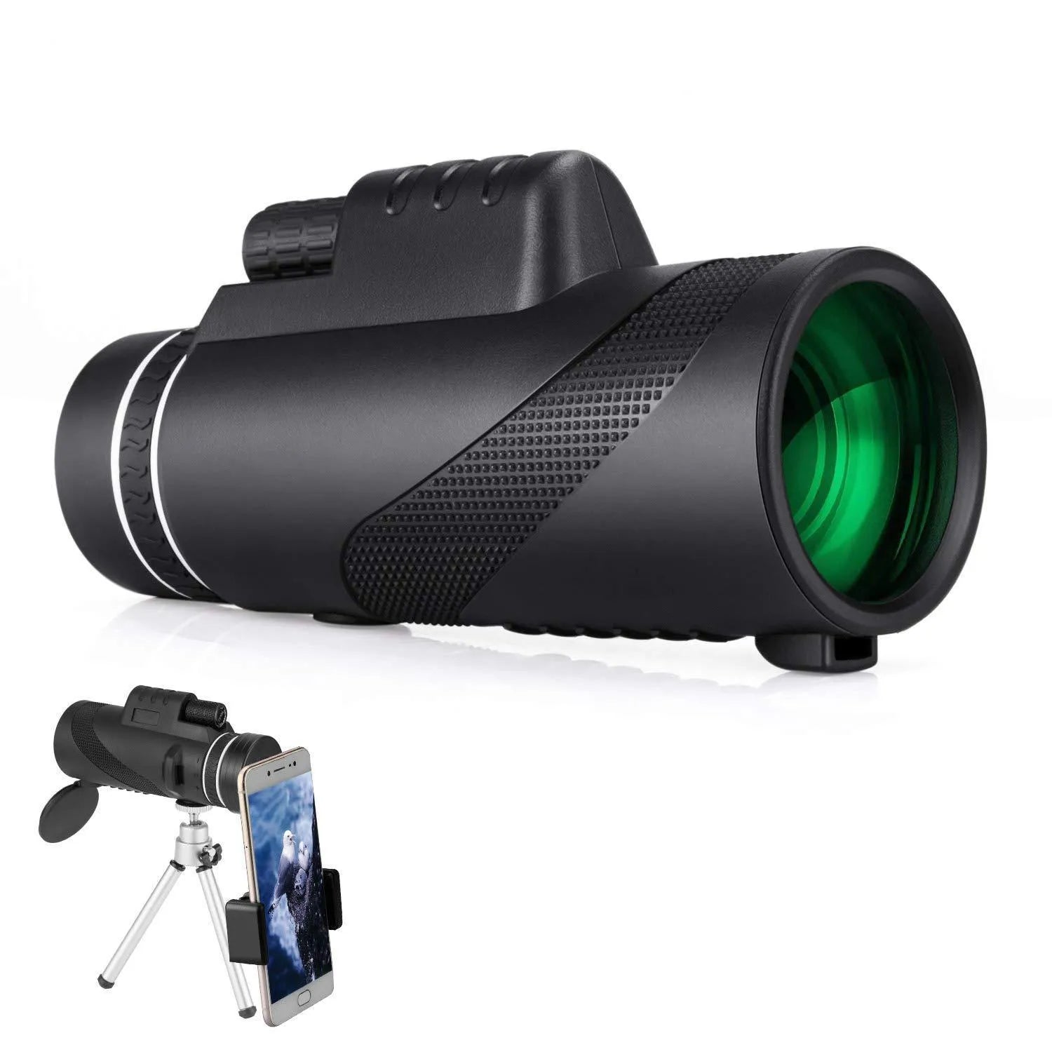 Black HD 40x60 cellphone telescope monocular with lens caps, showing its 144mm length.