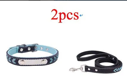 Stainless steel iron dog collar with laser lettering on genuine leather strap, available in blue, pink, purple, red and yellow