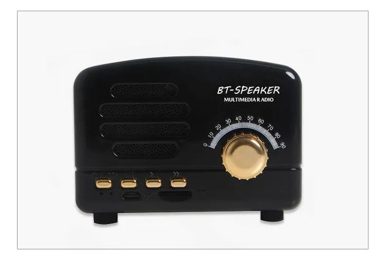 Compact vintage wood-grain finish Bluetooth speaker with control buttons on top.