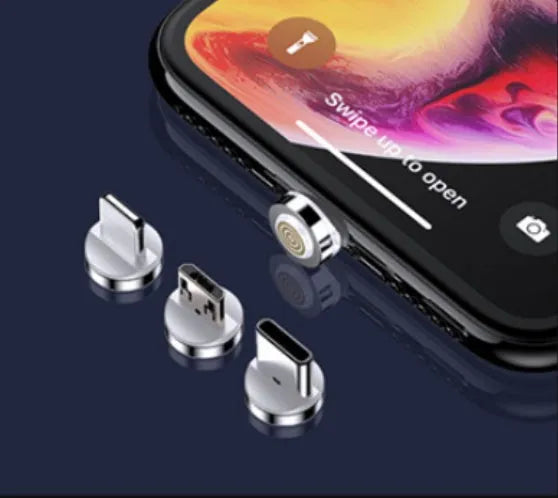 Black magnetic USB fast-charging cable with LED light, compatible with Apple iPhone and Android phones