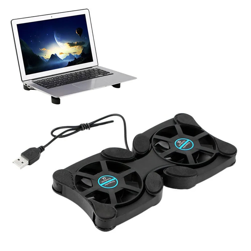 Black portable folding laptop cooler with dual 70mm fans and anti-slip pad