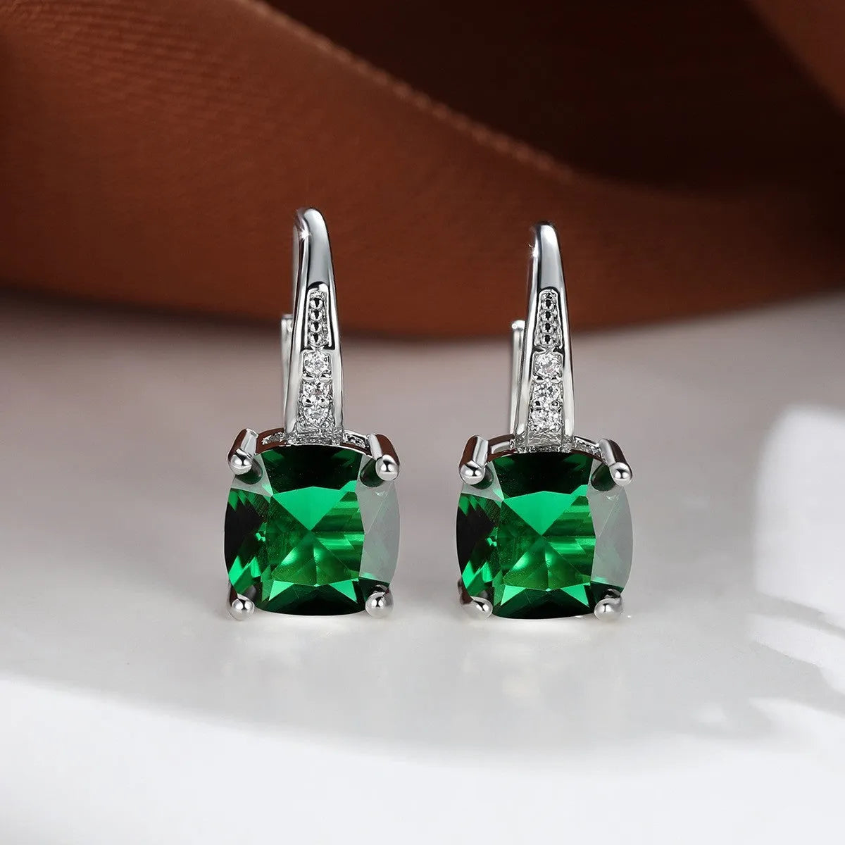 Square geometric ear hooks with round zircon inlays in gold, platinum, or rose gold finish