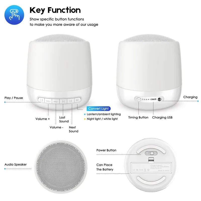 Silver Baby Rest Sound Machine with touch-control mood light and 28 non-looping sounds