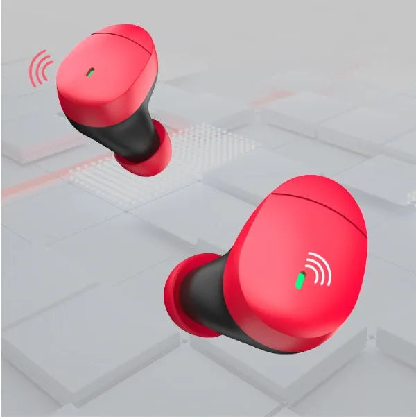 Flame red Qualcomm TWS 3040 Bluetooth wireless stereo earphones with charging cable