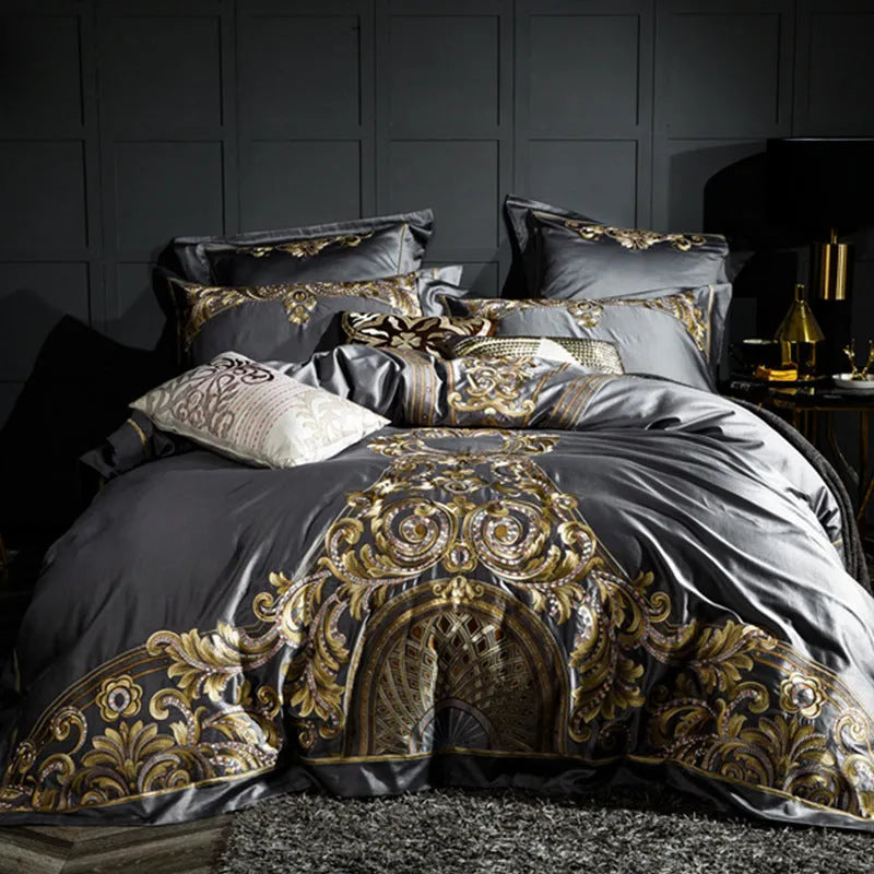 Four-piece embroidered cotton bedding set with duvet cover, bed sheet and two pillowcases in grey or red