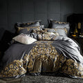 Four-piece embroidered cotton bedding set with duvet cover, bed sheet and two pillowcases in grey or red