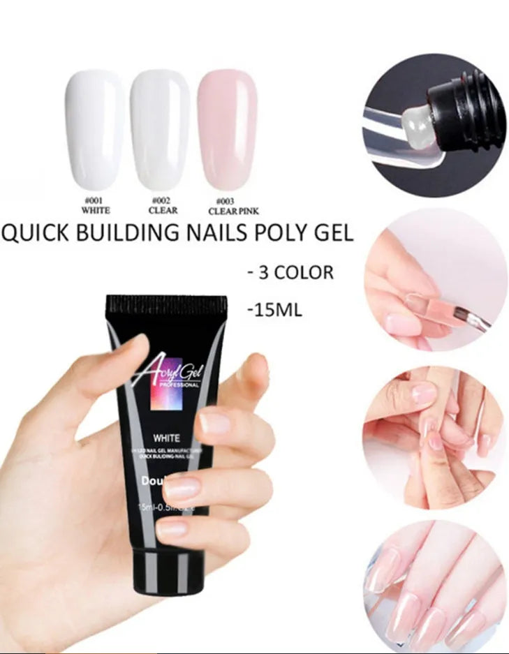 Three 15ml polygel bottles in different colours with 48 mold tips for nail extensions