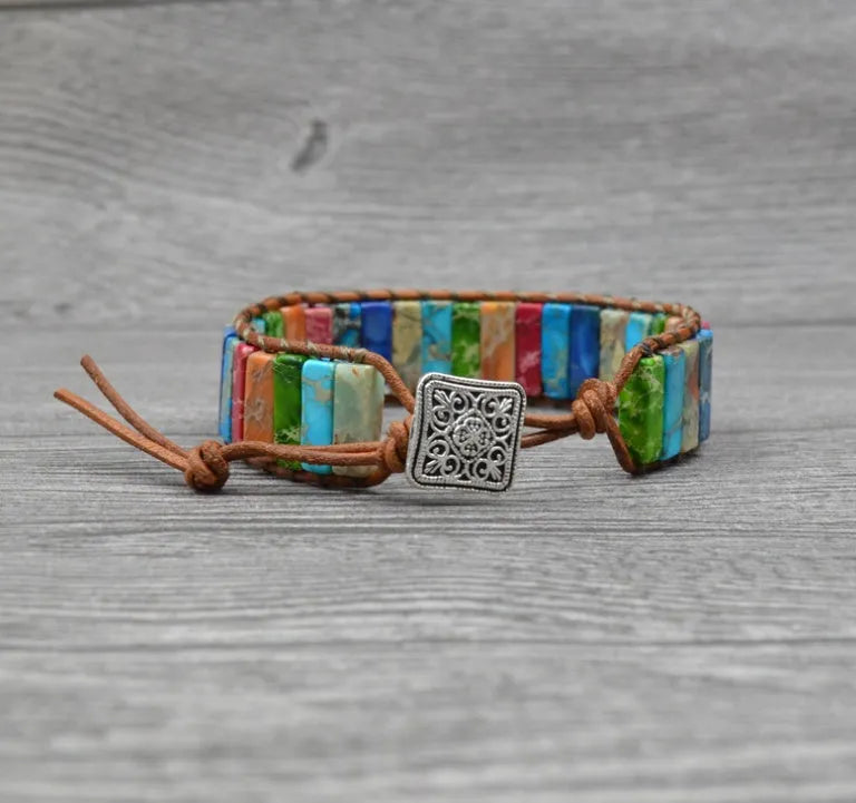 Hand-woven leather bracelet with geometric agate stone, ethnic style, 17cm adjustable knot