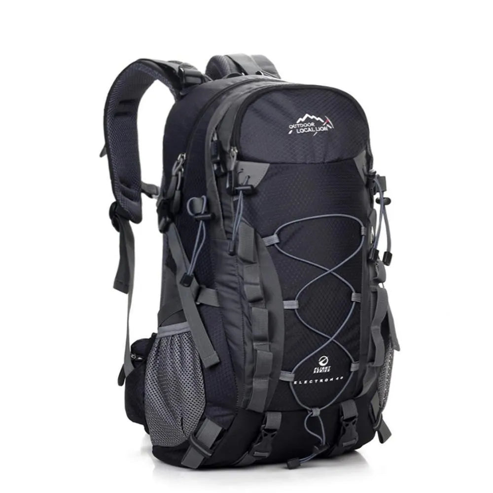 Green polyester outdoor backpack with straps, shown with dimensions for hiking and camping.