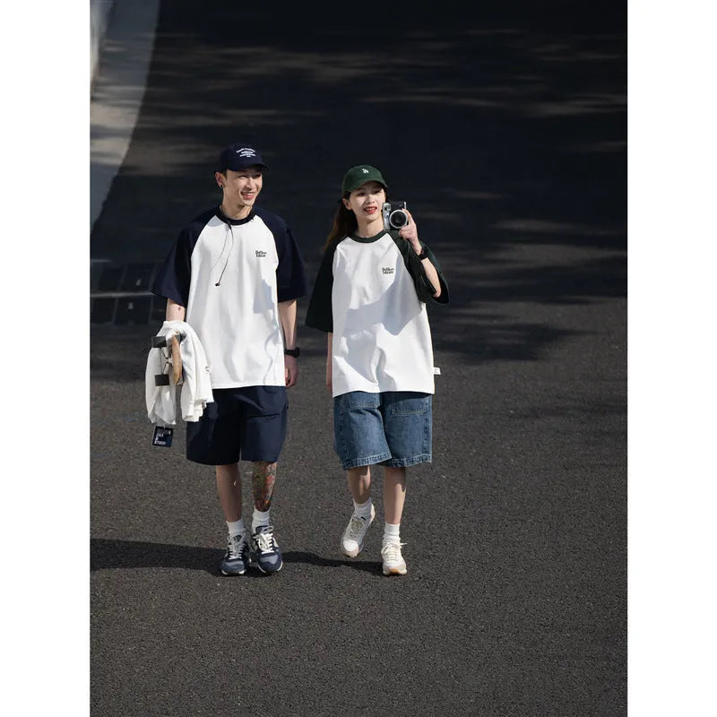 Japanese junior raglan sleeve t-shirt for men in blue, green, or grey with loose pullover style