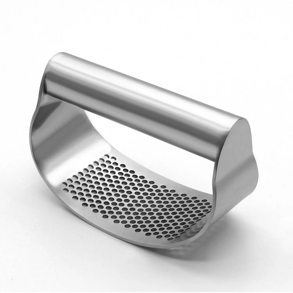 Stainless steel and PP plastic onion fork kitchen utensil for pressing garlic and vegetables.
