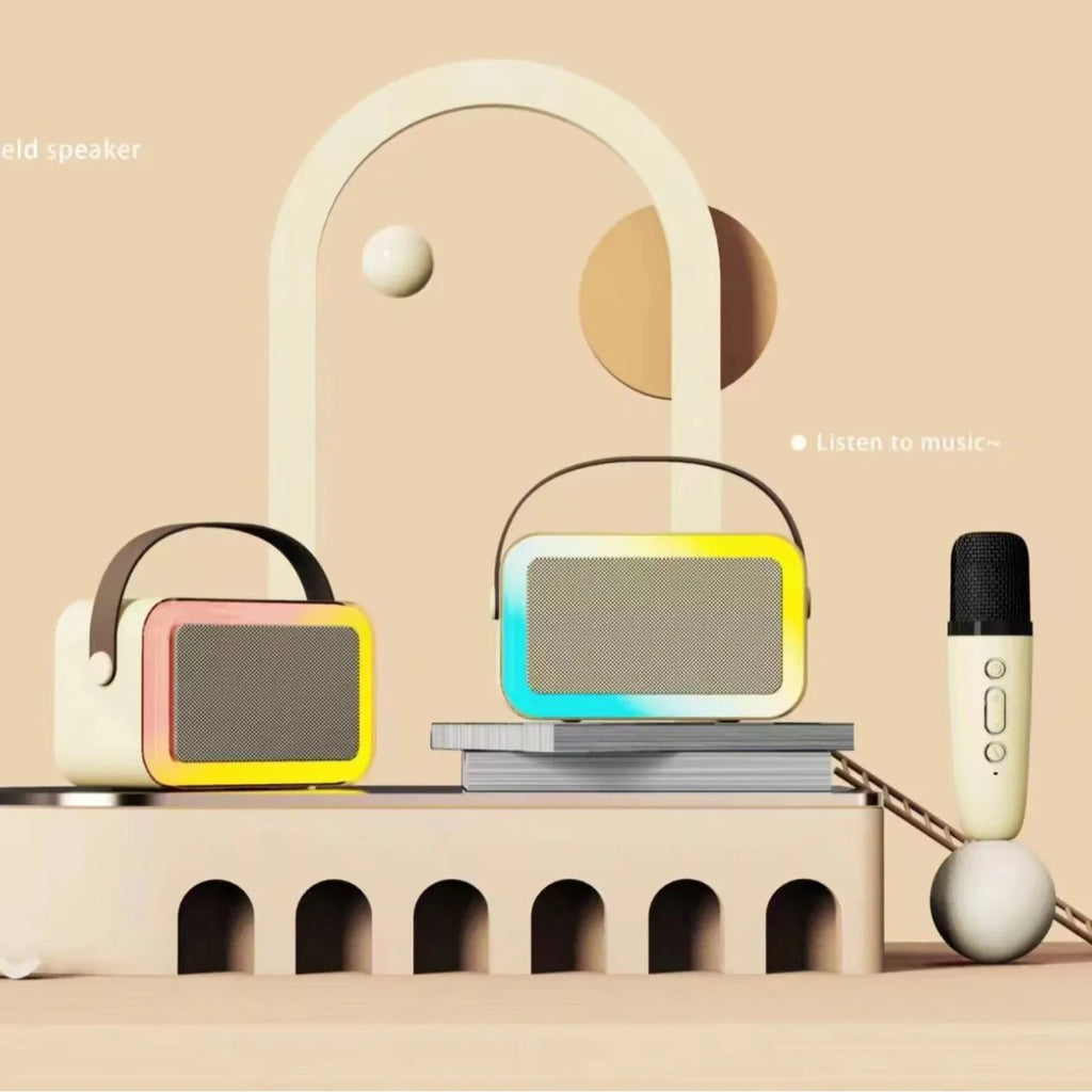 Portable Bluetooth speaker microphone with coloured lights in pink, sky blue, or white colour options.