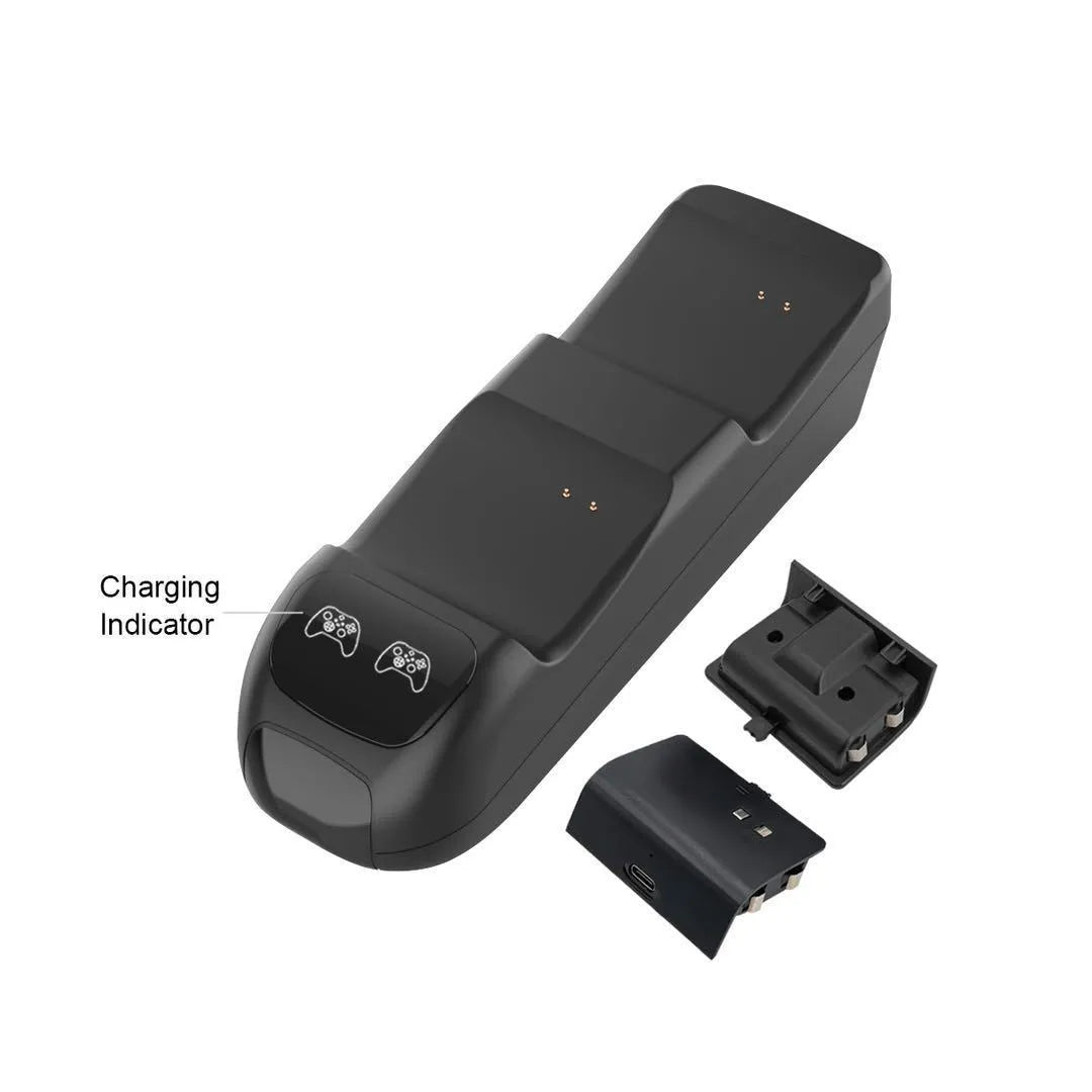 Black Xbox Series X controller charging dock holding two controllers with LED status lights visible.