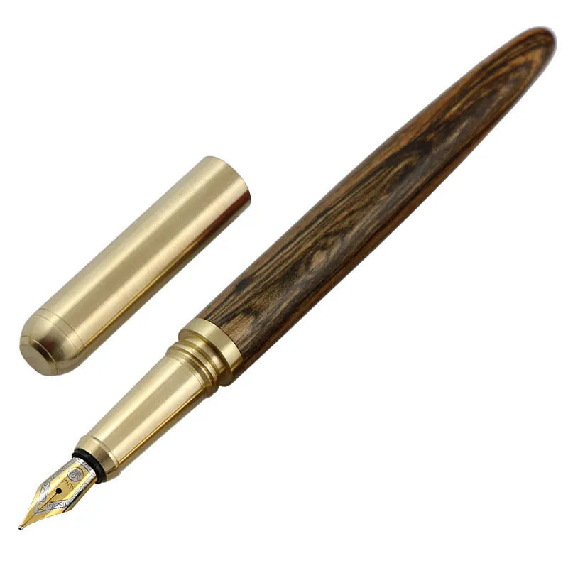 African rosewood vintage brass wood fountain pen with rotary piston and stainless steel nib on white background