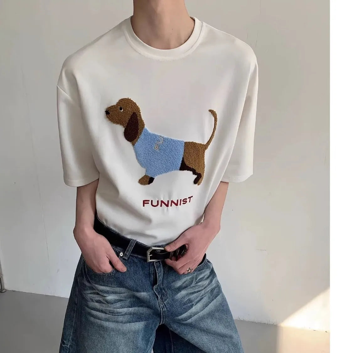 Men's grey cotton t-shirt with embroidered sausage dog towel design on front